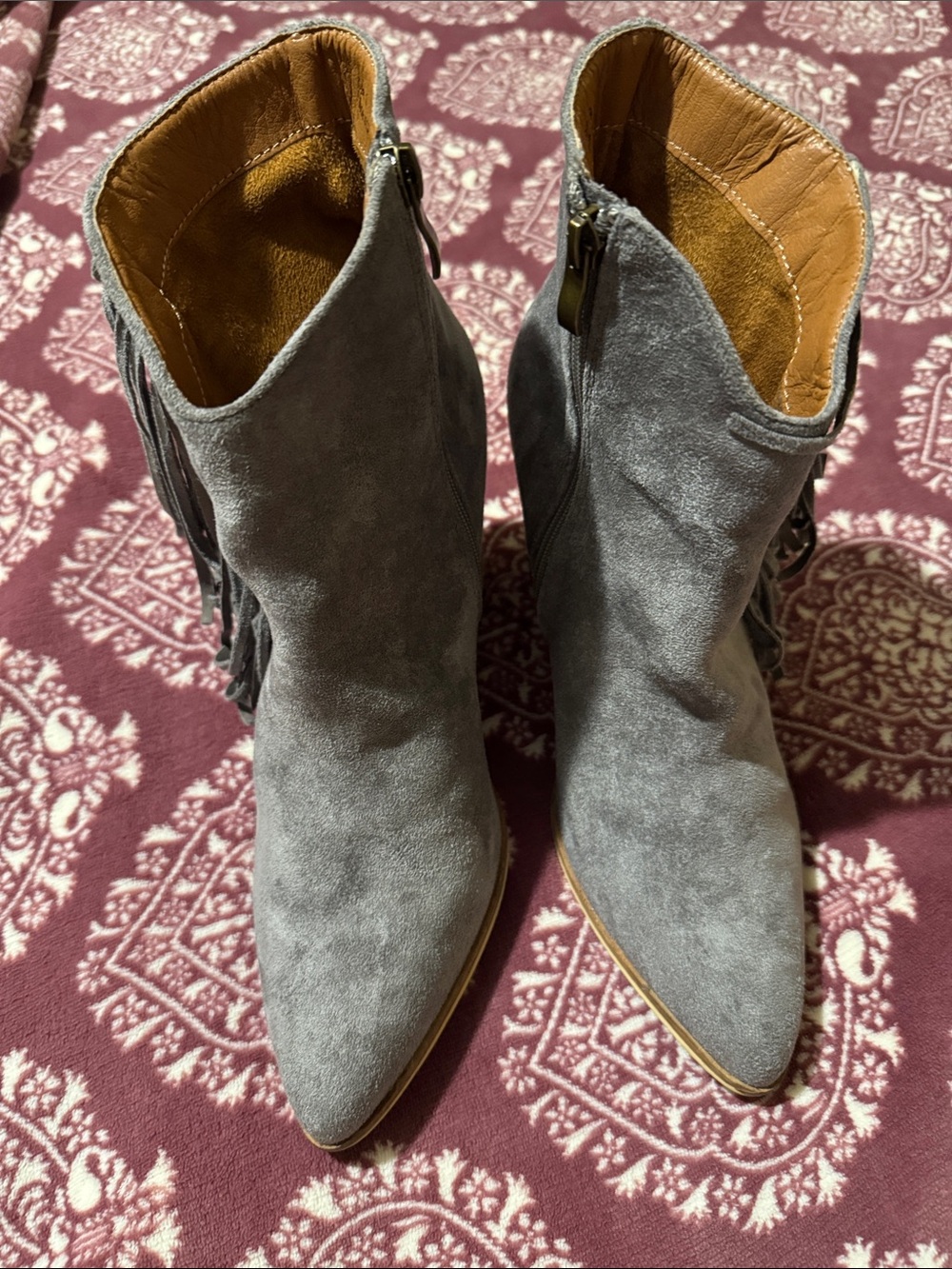 CCOCCI Gray Suede Pointed-Toe Fringe Ankle Boots